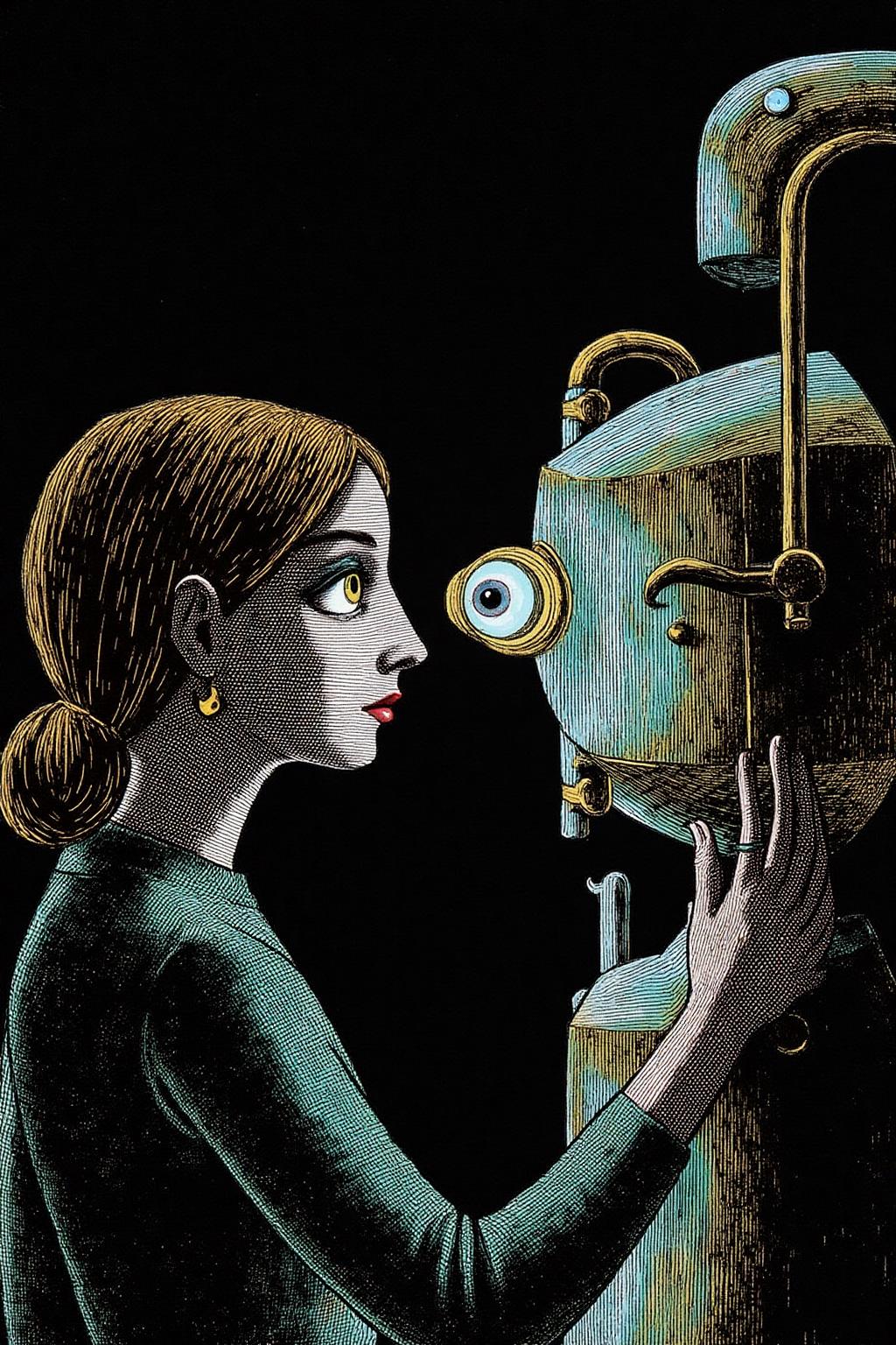 edwardgorey1 illustration.
A woman getting an eye exam with a vintage phoroptor, her entire eye is visible looking through one viewport, the equipment is glowing shimmering with iridescent opal accents and gold futuristic chrome. Dramatic spotlight, retro-futuristic
 <lora:edwardgorey1_d8a4e11:1.0><lora:868132541062746744:0>