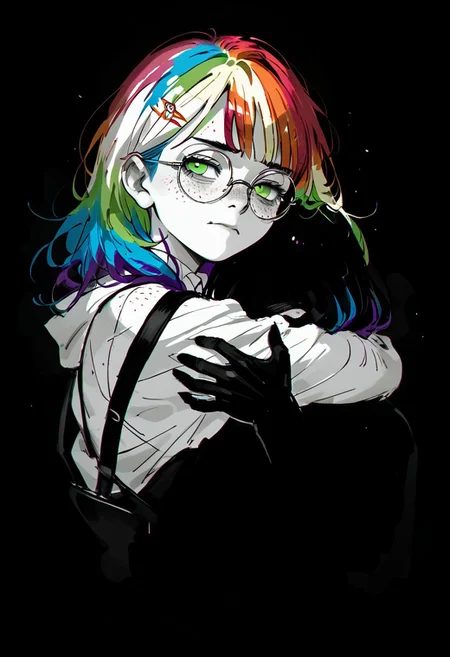 score_9, score_8_up, score_7_up, score_6_up, score_5_up, th3d4rk, darkness, shadow, 1girl, monochrome, hug, safety, comfort, vulnerable
BREAK
Mycelia, ((rainbow colored hair:1.3)), candy hairclip, round glasses, green eyes, lidded eyes, freckles, petite, vivid color, looking lovingly at shadow