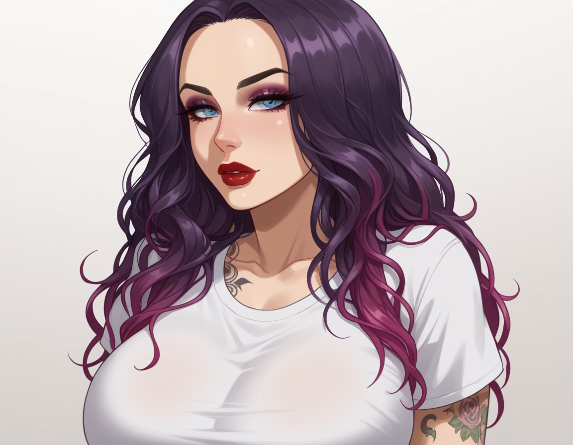 hud_prplw1g2, 1girl, solo, large breasts, tattoo, long wavy multicolored hair, makeup, lipstick, upper body, shirt, portrait, <lora:prplhair:0.8>