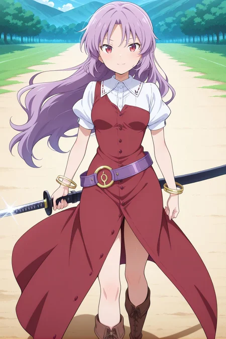 absurdres, highres, masterpiece, best quality, amazing quality, official anime artwork, screencap, anime screencap, outdoors, looking at viewer, light smile, dynamic pose, standing,
<lora:Watatsuki-no-Yorihime_Illustrious:1> watatsuki no yorihime, 1girl, solo, red eyes, puple hair, long hair, small breasts,, white shirt, puffy short sleeves, red dress, single strap, buttons, purple belt, loose belt, bracelet, brown boots, katana,