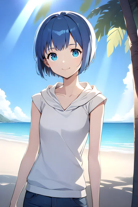 1girl, cowboy shot, standing, short hair, blue hair, blue eyes, white hoodie, cap sleeves, jeans, collarbone, closed mouth, smile, outdoors, beach, cloud, blue sky, sunlight <lora:CapSleeves_DoRA:1>