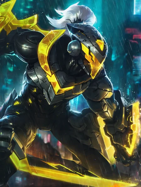 1boy,armor,battle,blurry,bodysuit,building,city,explosive,from side,glowing,glowing eyes,gun,helmet,holding,holding weapon,night,ponytail,rain,robot,science fiction,solo,source plan,weapon,white hair,yellow eyes,<lora:7c83695f:0.8>,
