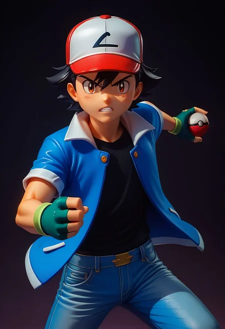 score_9, score_8_up, score_7_up, source_anime, high resolution,
figure, solo, 1boy, ash_kanto, black hair,
baseball cap, black t-shirt, blue jacket, open jacket, short sleeves, white sleeves, jeans, fingerless gloves,
action pose, holding poke ball,
cowboy shot, dark background, vivid lighting, best quality, realistic,