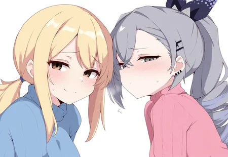 masterpiece, kumasteam, 2girls, silver wolf, lucy heartfilia, looking at viewer, blue sweater, pink sweater, white background, smile, half-closed eyes, furrowed brow, 