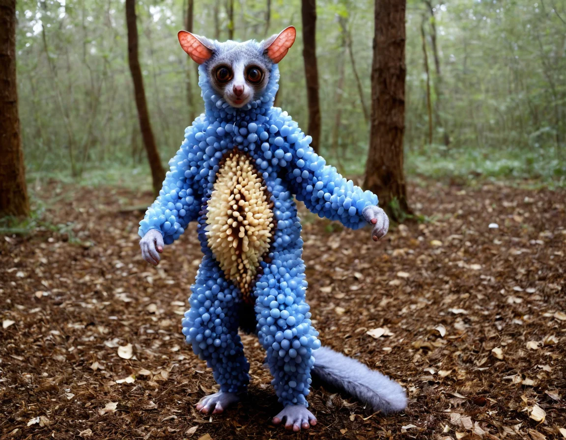 	a galago animal wearing a latex costume, in a forest where the trees have latex trunks