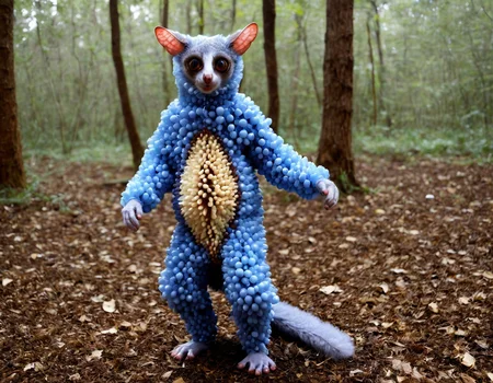 	a galago animal wearing a latex costume, in a forest where the trees have latex trunks