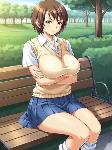 score_9, score_8_up, score_7_up,
1girl, toyohara rena, brown eyes, brown hair, medium hair, large breasts,
frown, crossed arms, looking at viewer, sitting, bench, park, outdoors, solo, school uniform, beige sweater vest, white shirt, short sleeves, pleated skirt, blue skirt, loose socks,