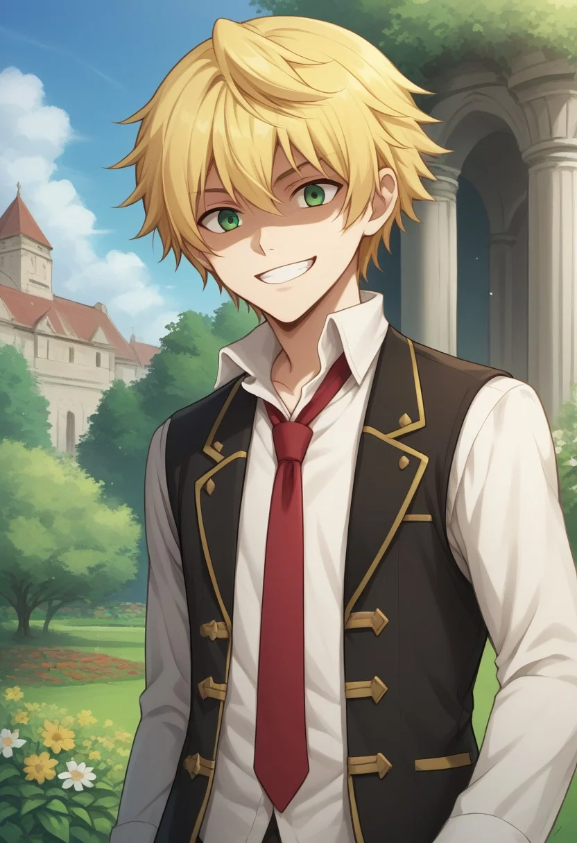 score_9, score_8_up, source_anime, highly detailed,
oz, 1boy, blonde hair, male focus, green eyes, necktie, red necktie, shorts, vest,
solo, shirt, white shirt, collared shirt, upper body, shaded face, grin,
outdoor, sky, garden, mansion,