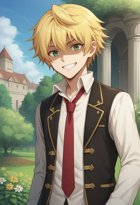 score_9, score_8_up, source_anime, highly detailed,
oz, 1boy, blonde hair, male focus, green eyes, necktie, red necktie, shorts, vest,
solo, shirt, white shirt, collared shirt, upper body, shaded face, grin,
outdoor, sky, garden, mansion,