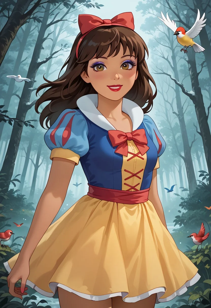 score_9, score_8_up, score_7_up, 1girl, solo, dora_af, (adult body:1.2), adult face, perfect eyes, slim body, mediunm perky breasts, small butt, narrow waist, narrow hips, dark-skinned female, brown hair, long hair, , makeup, eyeshadow, eyeliner, lipstick, shy smile, snow white cosplay, snow white (disney) (cosplay), cosplay, dress, hair bow, puff and slash sleeves, puffy short sleeves, puffy sleeves, red bow, short sleeves, skirt, yellow skirt, posing sensually, forest, animals around, birds flying.