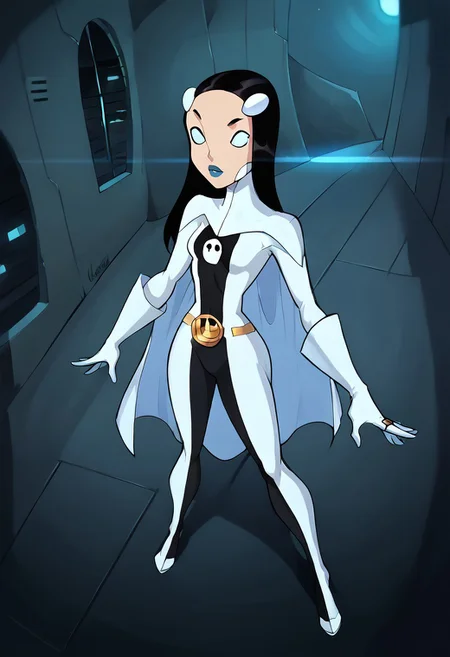 1girl, score_9, score_8_up, score_7_up, western cartoon, bright lighting, very detailed, depth of field, cinematic illumination, volumetric lighting, full color picture, vibrant colors, solo, alone, skinny, small bust, medium hips, petite, long hair, black hair, no pupils, white eyes, eyeliner, white hair ornaments, silver lipstick, legion ring, white gloves, gold belt, facing front, long cape, white cape, costume1, full body, facing forward, spaceship hallway, action pose,