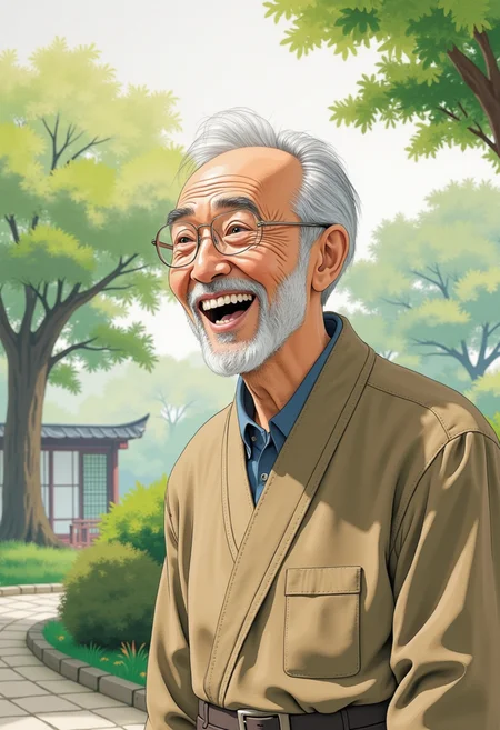 A watercolor anime style portrait of a old man laughing, zen garden background