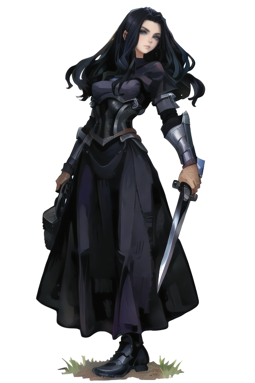 [inpainted faces] <lora:DragonsCrown-768:0.8>, woman standing, black hair, long hair,  (solo), (facing viewer), in armored, long loose dress, simple background, holding sword,