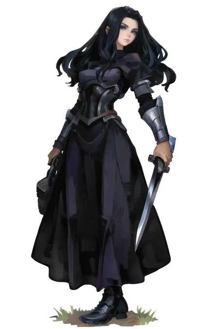 [inpainted faces] <lora:DragonsCrown-768:0.8>, woman standing, black hair, long hair,  (solo), (facing viewer), in armored, long loose dress, simple background, holding sword,