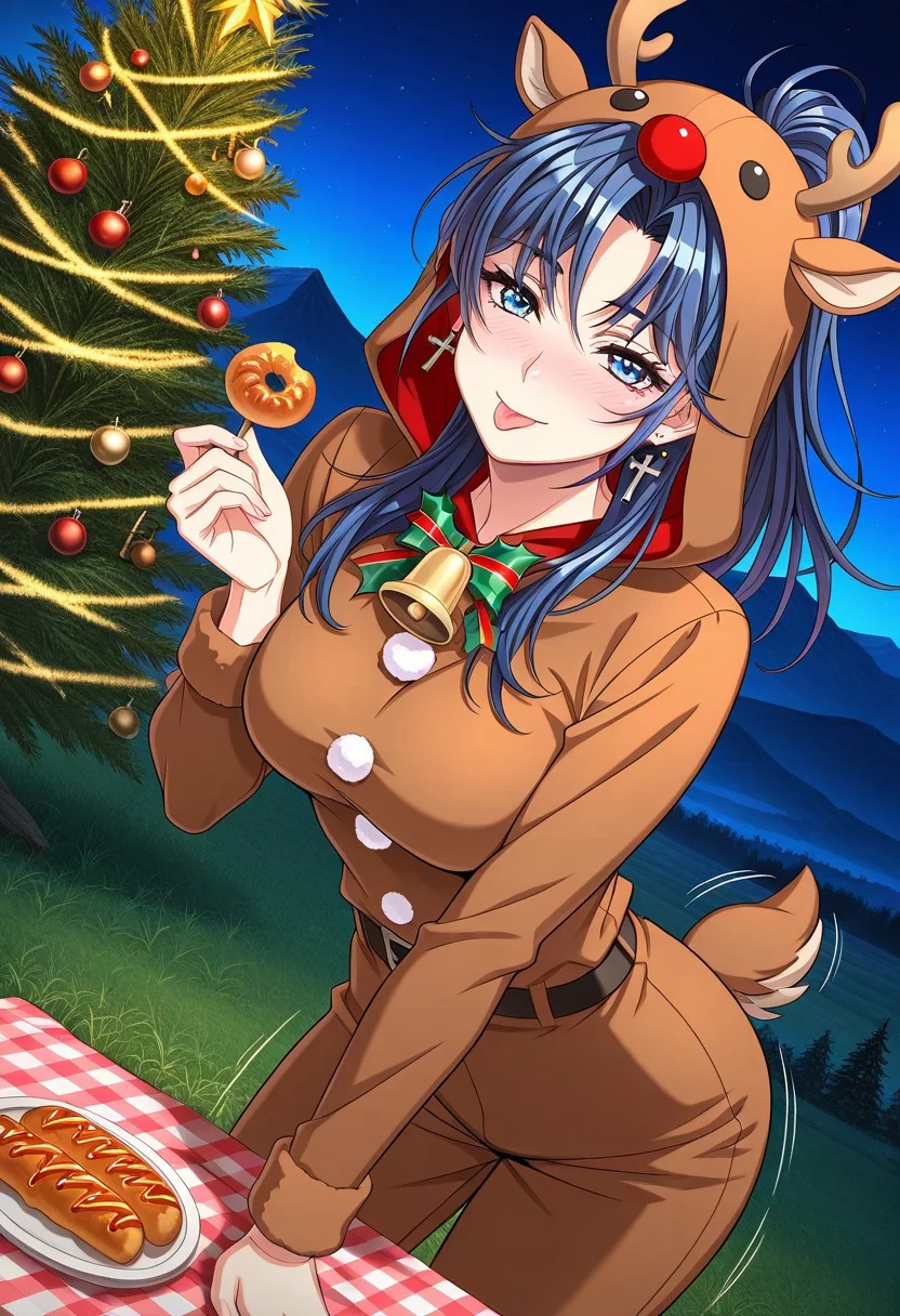 masterpiece, best quality, newest, highres, uncensored, 1girl, yokota mamoru style,1girl, slender face，motion lines,blush,torogao,looking at the viewer,seductive smile
Kouno Asami,Blue Hair, Curtained Hair, Long Hair, Ponytail, Spiky Bangs, Straight Hair,Blue Eyes,Medium Breasts, Slim, Cross Earrings
1girl,solo
<lora:reindeer-costume-ponyxl-lora-nochekaiser:1>, reindeer costume, animal costume, reindeer antlers, antlers, fake antlers, reindeer hood, christmas, red nose, deer ears, deer tail, christmas tree, bell, horns, reindeer,, blush, smile, tongue out, looking at viewer,, , dutch angle, cowboy shot,solo,1girl Picnic, outdoors, eating together, mountains, butterflies, trees, grass, distant views