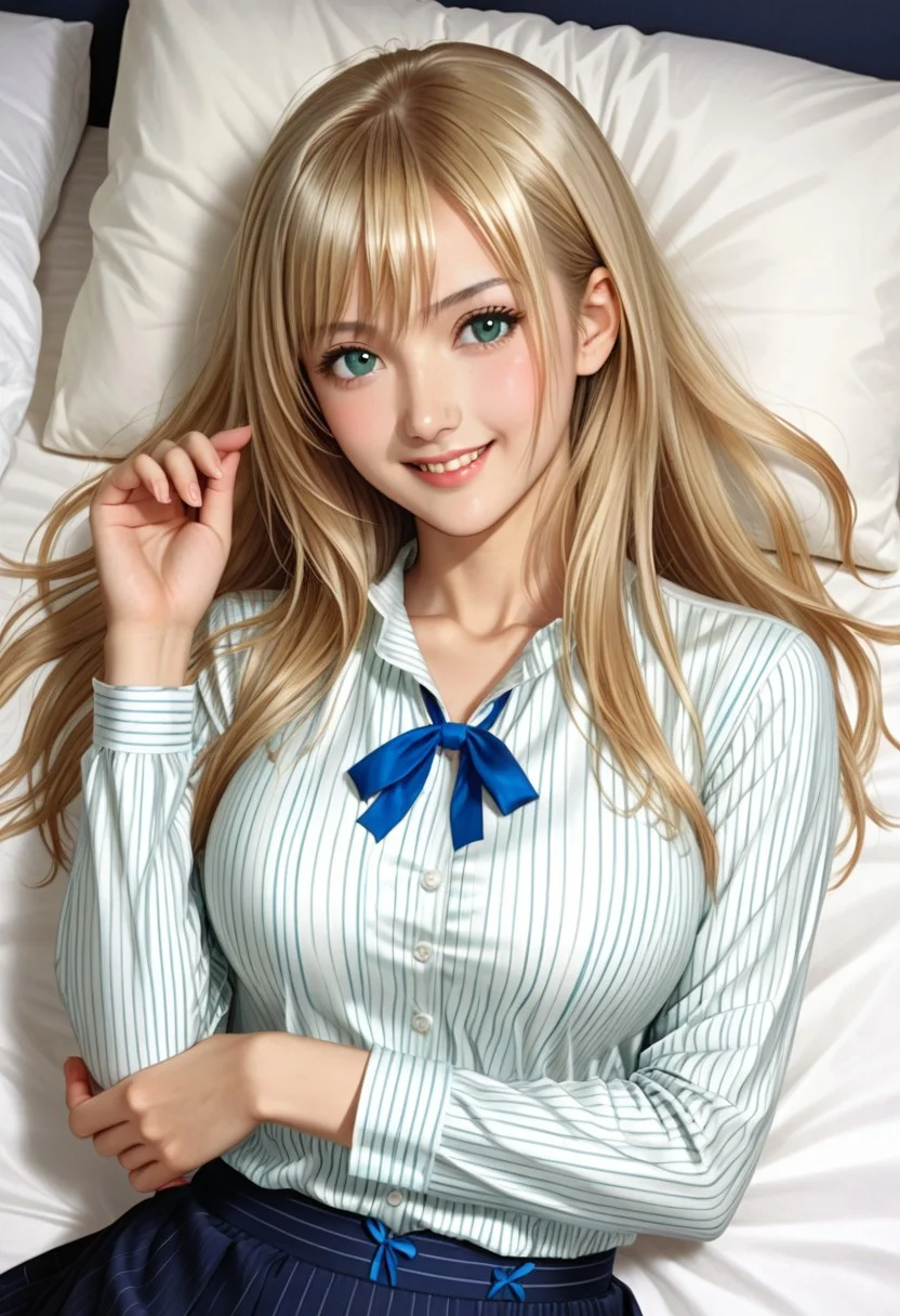 photorealistic, japanese girl, (1girl, long hair, large breasts, blush, smile, bangs, skirt, blonde hair, shirt, long sleeves, ribbon, hair between eyes, green eyes, white shirt, pinstripe shirt,aqua eyes, (blue skirt), blue ribbon, (long skirt)), large breast, lying on bed, hand up, pillow, bedroom, flower pattern on bed sheet, sexy pose, seductive smile, negative hand, Fix hand, looking at viewer, tony taka,