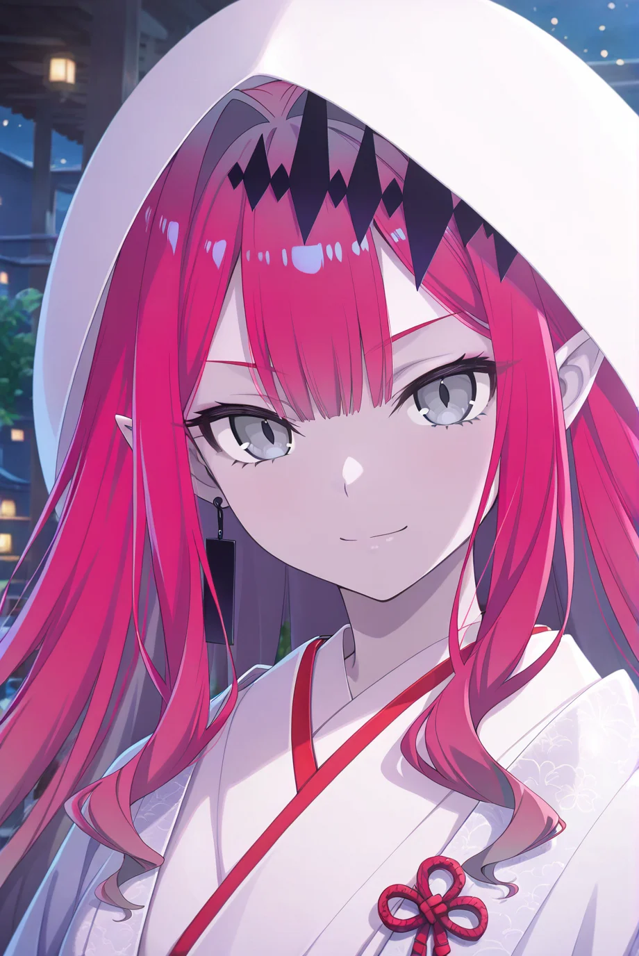 baobhan sith \(fate\),(cinematic_angle:1.2),looking_at_viewer,depth of field,(fgo spring2025 newmaster promostyle),<lora:FGO Spring2025:0.8>,blurry,night,(uchikake:1.2),light smile,close-up,gohei,indoor,, masterpiece,best quality,amazing quality,