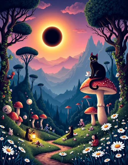 A surreal, intricately detailed landscape in a contemporary illustration style, where small, lively creatures scurry about in a dynamic valley. These tiny creatures have vivid personalities, some carrying tiny lanterns, others chatting or playing among the winding paths of the valley. Larger, enigmatic beings, whose shapes blur into the surrounding whimsical plant life, sit leisurely atop towering, oversized mushrooms or under the shade of surreal trees, sipping tea from impossibly delicate cups. Their silhouettes seem to blend into the flora, their forms partially obscured by vines and flowering branches, giving them a mystical, otherworldly presence.
Above, a magnificent solar eclipse dominates the sky, casting a mystical, ethereal light over the entire scene. The eclipse bathes the valley in a rich, contrasting glowâdeep purples and blues merging with soft golds and pinksâcreating long, dramatic shadows and illuminating the larger beings in a surreal, almost celestial light. The sunâs corona creates a halo effect, making the landscape feel both dreamlike and slightly eerie.
In the midst of this enchanted scene, an oversized cat with a knowing, Cheshire-like smile lounges on a patch of soft, glowing moss. Its fur is sleek and dark, catching the light from the eclipse in a way that gives it a slightly shimmering appearance, further contributing to the fantastical ambiance.
Throughout the valley, delicate daisies bloom in clusters, their soft white petals gently glowing under the transformative light of the eclipse. Exquisitely detailed semlor are scattered among the plant life, their intricate textures and golden hues standing out vividly against the surreal backdrop, as if they were plucked from a dream.
The color palette is rich and vibrant, with deep, contrasting huesâsaturated greens and blues from the valleyâs flora, blending with the warm, magical tones of the eclipse light. The surreal landscape pulses with life and fantasy, creating an otherworldly atmosphere where every detail feels alive and infused with magic., flat chest