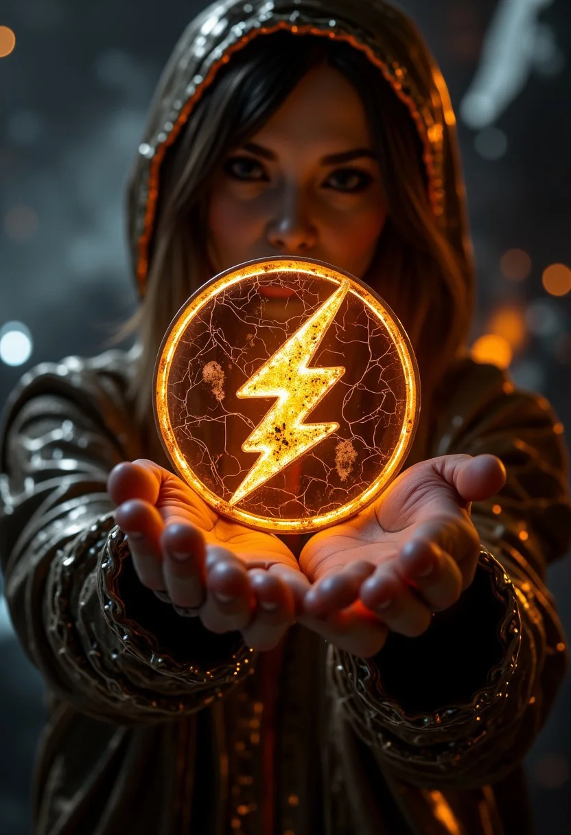 a HD gritty 8k crisp hyper realistic photograph of a glowing cracked metal version of a small lightning bolt symbol ⚡ held by a stunning woman in AmeshinSL fashion