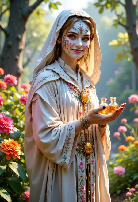 A charming plague doctor stands in a vibrant, enchanting garden, wearing a delicate, white mask adorned with floral patterns and soft, warm eyes. His flowing robes are made of light, airy fabric in soothing pastel colors, embellished with intricate embroidery of healing herbs and flowers. Surrounded by a blooming paradise of colorful blossoms and lush greenery, he gently dispenses healing potions from elegantly crafted glass vials filled with shimmering liquids. The air is filled with the sweet fragrance of flowers and the soft sounds of nature, while joyful villagers nearby gather to receive his care and guidance, expressing their gratitude with bright smiles. This scene radiates a sense of hope and healing, showcasing the doctor as a beloved figure in the community