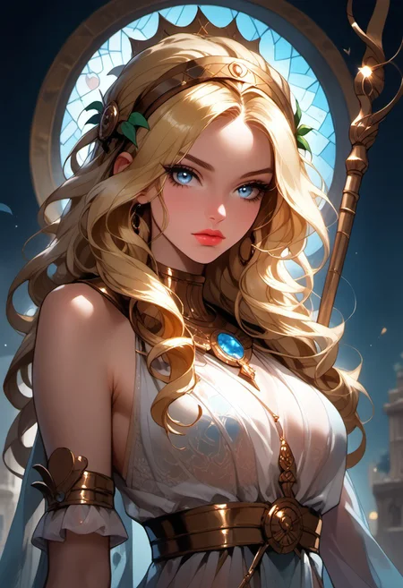 Stable_Yogis_PDXL_Positives, (score_9, score_8_up, score_7_up), ((zPDXL3)), ((zPDXLxxx)), ((Greek mythology style)), ((face focus, eye focus, dynamic angle, motion)), 1girl, solo, fantasy, ((((sheer material, silk, semi-transparent clothes)))), (SmiteAphrodite, 1girl, long hair, blonde hair, blue eyes, voluminous hair, wavy hair, curly hair, very-long hair, full lips, toga, armor, sandals), (ancient greek clothes), (armor), (holding spear), lace, cape, breathless intimacy, tanned skin, petite model bombshell, heart, young, delicate features, narrow pointy nose, tiny nose, lust, big eyes, seductive eyes, blue eyes, detailed skin, flared lashes, mascara, makeup, perky huge breasts, athletic body, narrow waist, skinny hips,
warm light, detailed, neon dark party
BREAK
milky way, runes, arcane, astral, surreal, ethereal glow, masterpiece, best quality, intricate design. colorful, moonlit nightsky, stained glass aesthetic, moody whimsical color palette, murano glass, bold soldering lines, volumetric light shining through, crepuscular rays, intricate craftsmanship, detailed texture, luminous transparency, reflective light play, vivid hues, atmospheric depth, enchanting silhouette, art nouveau,