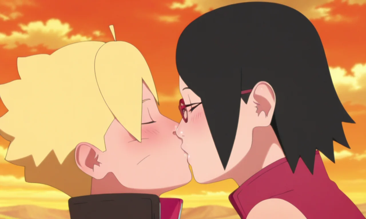 official style, source_anime, 1girl, uchiha sarada, black hair, short hair, closed eyes, glasses, upper body, kissing, blush,, 1boy, boruto uzumaki, blonde hair, closed eyes, whisker markings, kissing, blush