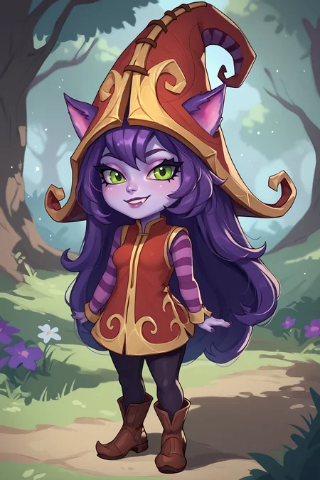 score_9, score_8_up, score_7_up, score_6_up, BREAK, LuluLoLXLv2, purple skin, colored skin, shortstack, yordle, green eyes, purple hair, long hair, sidelocks, bangs, animal ears, witch hat, ears through headwear, small breasts, red dress, purple striped sleeves, black pants, brown boots, solo, full body, standing, looking at viewer, seductive smile, forest <lora:LuluLoLXLv2:1>