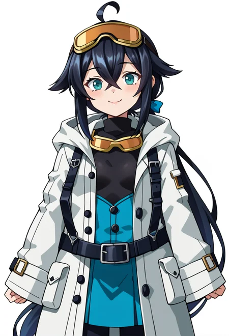 score_9, score_7_up, source_anime, BREAK <lora:zs_SoulHackersPortraitsXL:1> soulhackersportraits, portrait, white background,, smile, 1girl, teal eyes, (black hair:1.2), low ponytail, ahoge, absurdly long hair, hair flaps, hair between eyes, crossed bangs, small breasts, (goggles on head:1.2), hooded coat, open coat, black turtleneck, blue half-skirt, pants, black knee boots, multiple straps, white coat, layered clothes, blue hair ribbon,