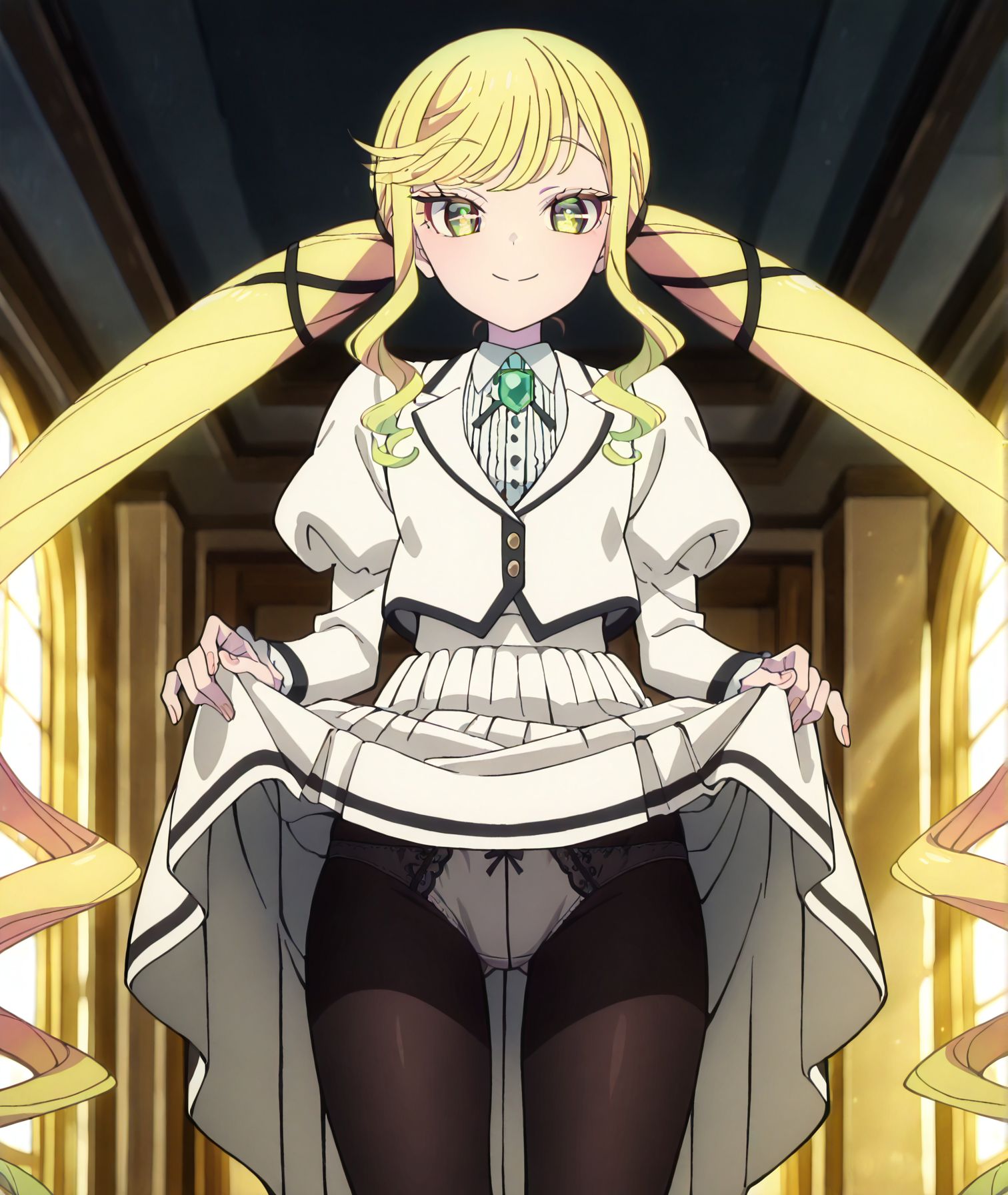 masterpiece, best quality, newest, absurdres, highres, detailed eyes, beautiful, detailed background, perfect eyes, anime coloring, anime screencap,
<lora:add-detail-xl:0.5>
<lora:Rock_Is_a_Ladys_Modesty:1> rock_ladyV1.
solo,1girl,long hair,
blonde hair,twintails,
smile,skirt,long sleeves,
pantyhose,brooch,r_ririsa,
skirt lift, lac panties,