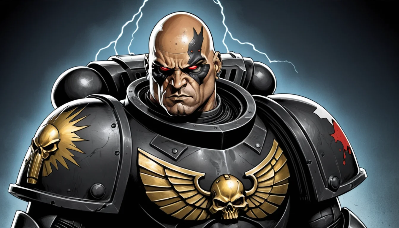 (Digital Illustration),  Carcharodon Ancient from the Carcharodons Space Marine chapter. He is shown from the chest up, wearing a black power armor with white and gold trim. He has a large bald head with a tattooed face and several cybernetic implants. He is looking at the viewer with a stern expression. The background is a dark grey.
dynamic composition, centered, comic book \(style\), bold lines, dramatic shading, red splashes, line art, limited color palette, extremely detailed, warhammer 40k,
 <lora:Astartes-000007:1>