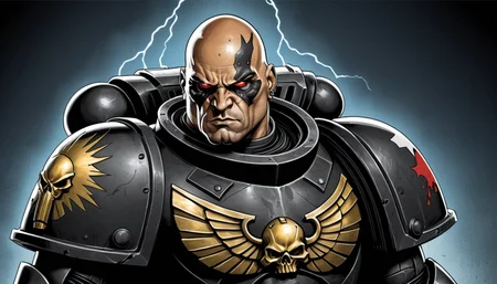 (Digital Illustration),  Carcharodon Ancient from the Carcharodons Space Marine chapter. He is shown from the chest up, wearing a black power armor with white and gold trim. He has a large bald head with a tattooed face and several cybernetic implants. He is looking at the viewer with a stern expression. The background is a dark grey.
dynamic composition, centered, comic book \(style\), bold lines, dramatic shading, red splashes, line art, limited color palette, extremely detailed, warhammer 40k,
 <lora:Astartes-000007:1>