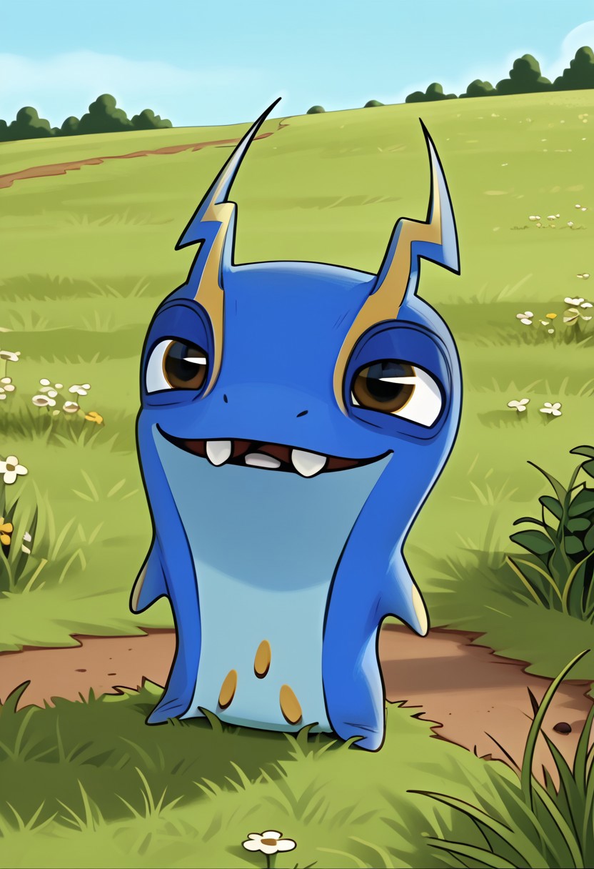 BREAK score_9, score_8_up, score_7_up, source_cartoon, joules_slug, slug, two-tone skin, light blue-blue, brown eyes, ray-shaped antennae, yellow rays, light blue chest, symbol on the stomach, grass, smile, (creativity:1.3), outdoors,
