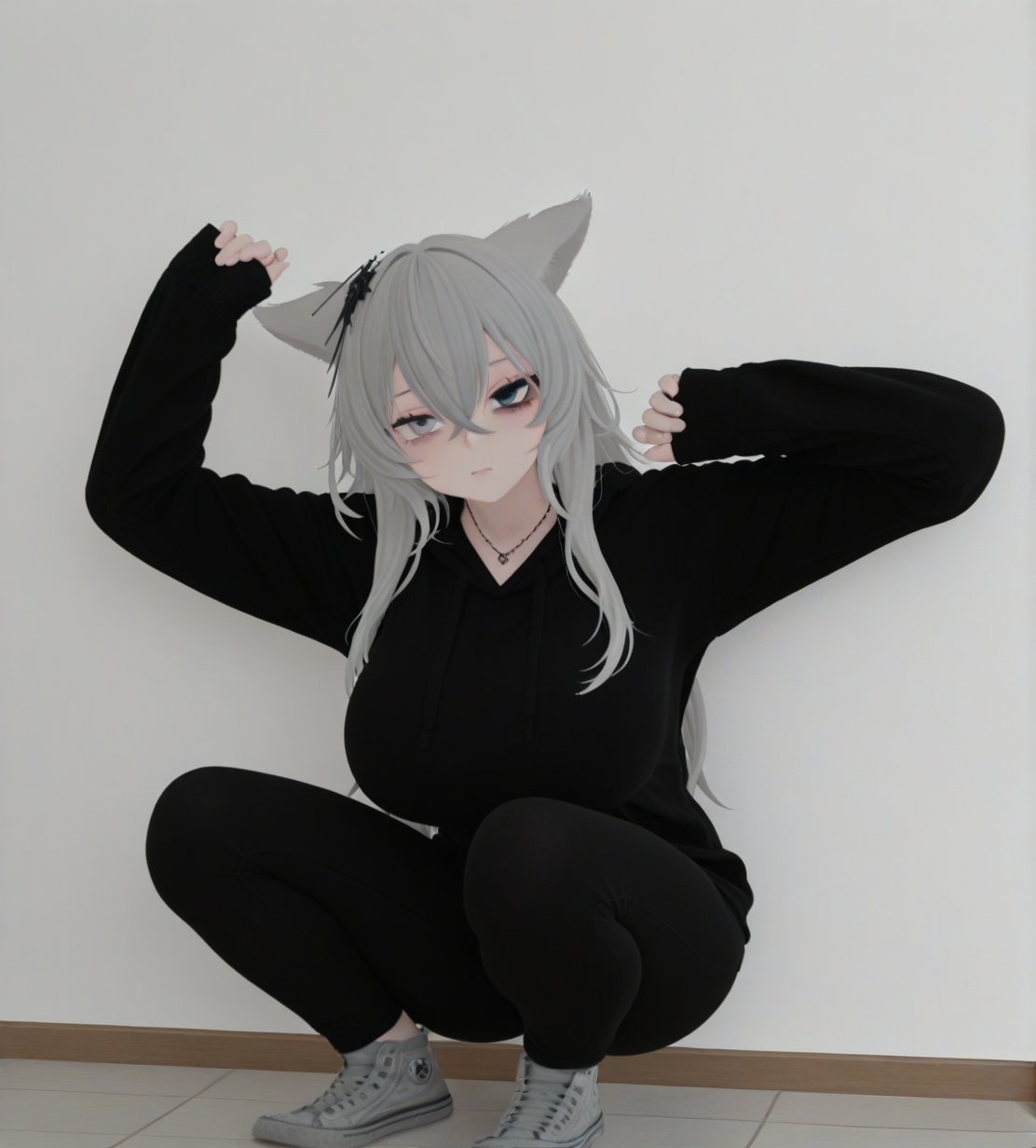 <lora:Mmmm_wolf_girl:1>,1girl, huge breasts, 
Mmmm wolf girl,animal ears,wolf ears,long hair,grey hair,hair between eyes,crossed bangs,grey eyes,heterochromia,
hair ornament,
necklace,
black hoodie,sleeves past wrists,
black pants,
grey sneakers,
very awa, masterpiece, best quality, highres, absurdes,amazing quality,very aesthetic,intricate details, <lora:hand 5.5:1>