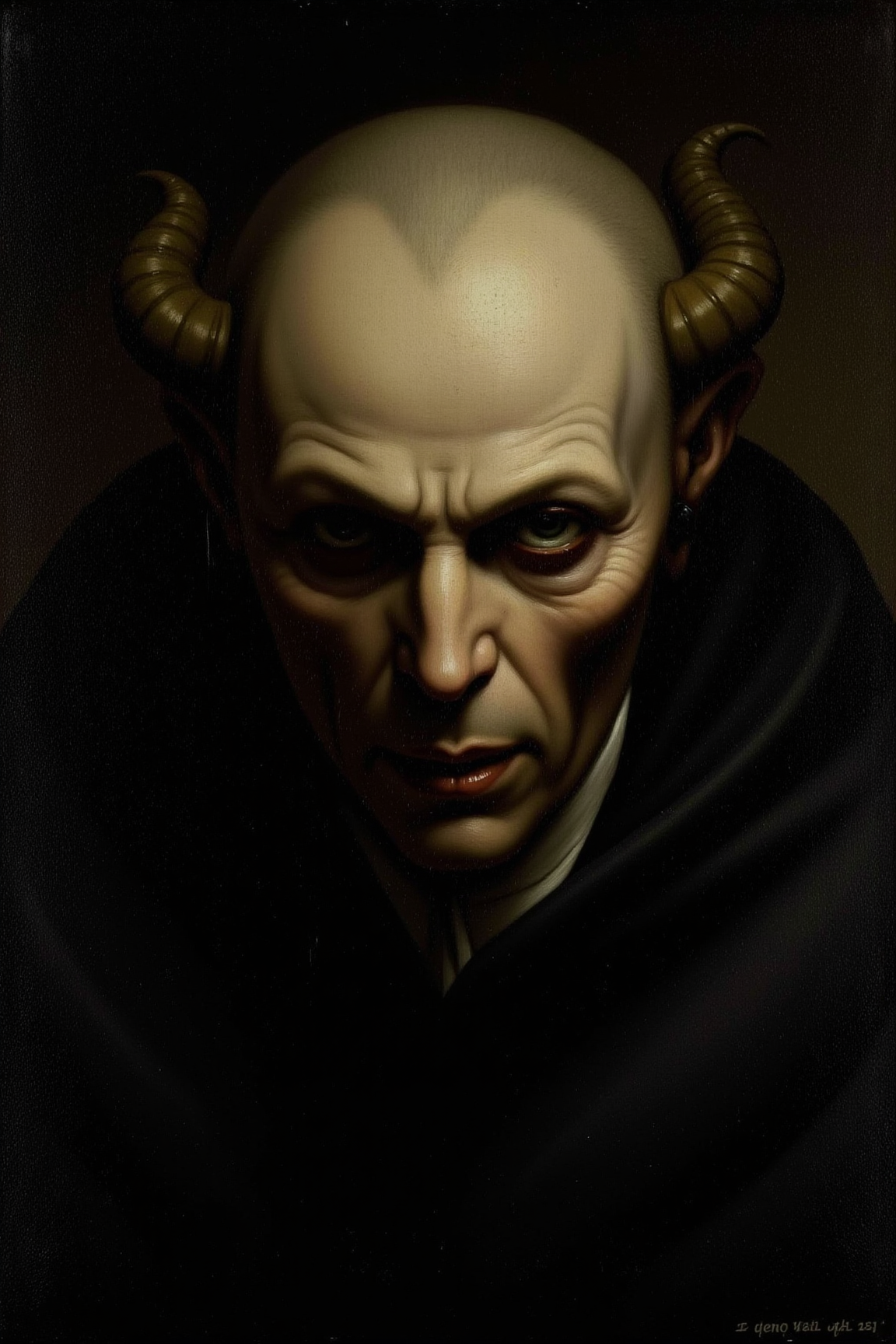 yfg-P@int by a dutch master painter, Portrait photo of a demonic creature in dark, moody lighting conditions, captured with a Caravaggio-style painter's brush. Set the stroke to heavy for high-contrast depth effect. The composition should focus on an off-center placement, using the rule of thirds to guide the viewer's eye towards the monstrous face.