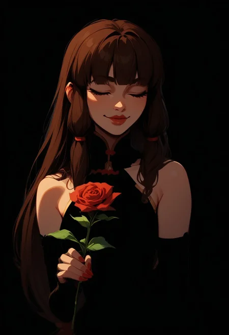 safe_pos, (Blend_in, black background), score_9, score_8_up, score_7_up, masterpiece, (high contrast, sidelightning, three-quarter view, cowboy shot), mature, stunning, 1girl, solo, imtdlilaross, long hair, low-tied long hair, blunt bangs, brown hair, hair tubes, matte red lips, red nails, black china dress, golden threads, halter neck, (cleavage cutout:1.4), bare shoulders, black fingerless elbow gloves, (black clothes:1.5), smile, rose (flower), holding flower, hand up, smelling flower, closed eyes