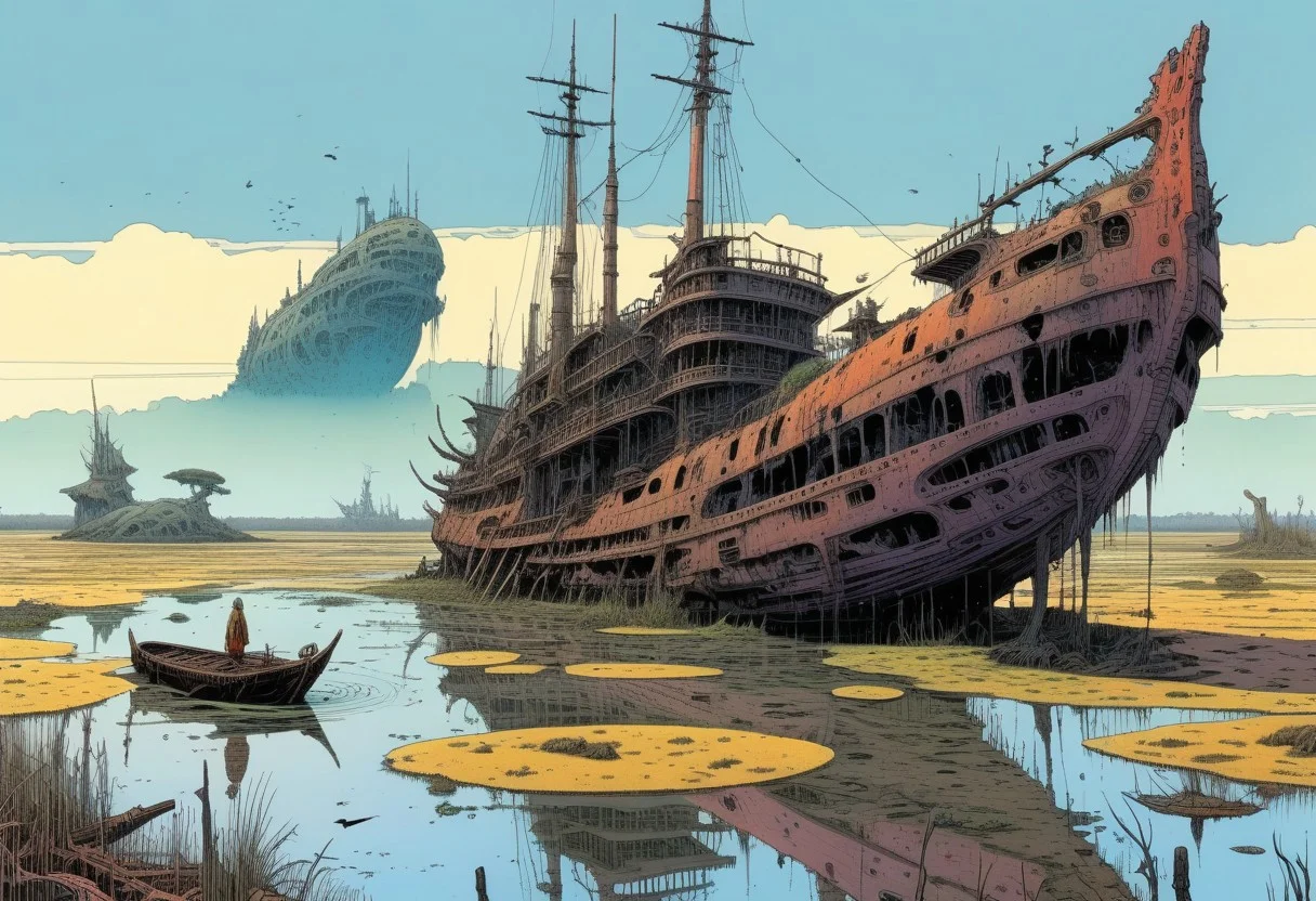 Landscape, Moebius (Jean Giraud) Style page, sunken ship, poison, swamp, marsh, mutant birds