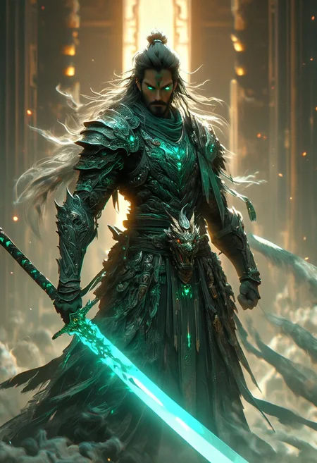 minimalism style, WLOP art style, a character worrior with long ghostblade in hand, eye light, sharpness, dragon behind, cinematic foootage, (full body), intricate details,8k post production, faithful, Religious denomination,colorful cinematic, dark green red white blue gold fire tone