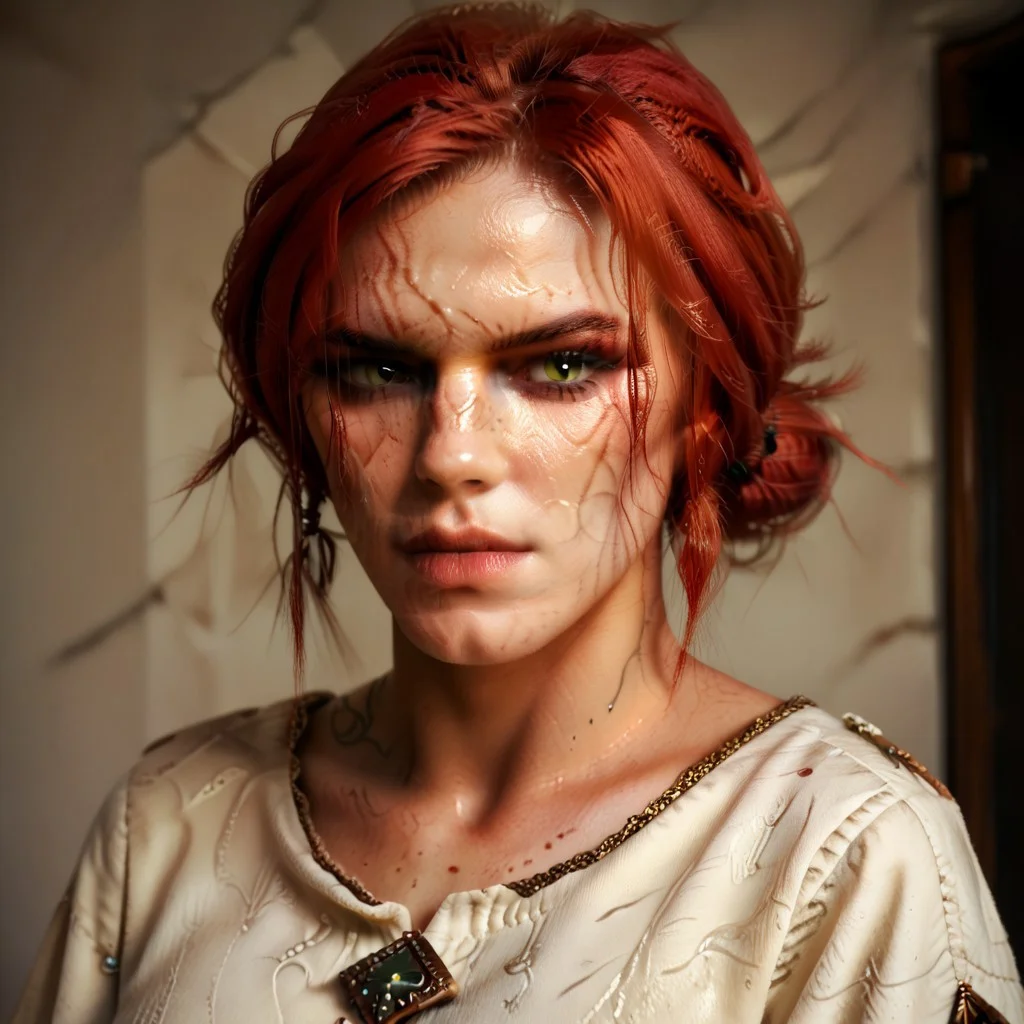 score_9, score_8_up, score_7_up, concept art, realistic,
female focus, solo focus, solo,
masterpiece, best quality, newest, absurdres, highres, WitcherToxin-V1.1, veins, veiny, Heavytoxin, black eyes,
1girl, triss merigold, 1girl, solo, red hair, freckles, green eyes, hair bun,