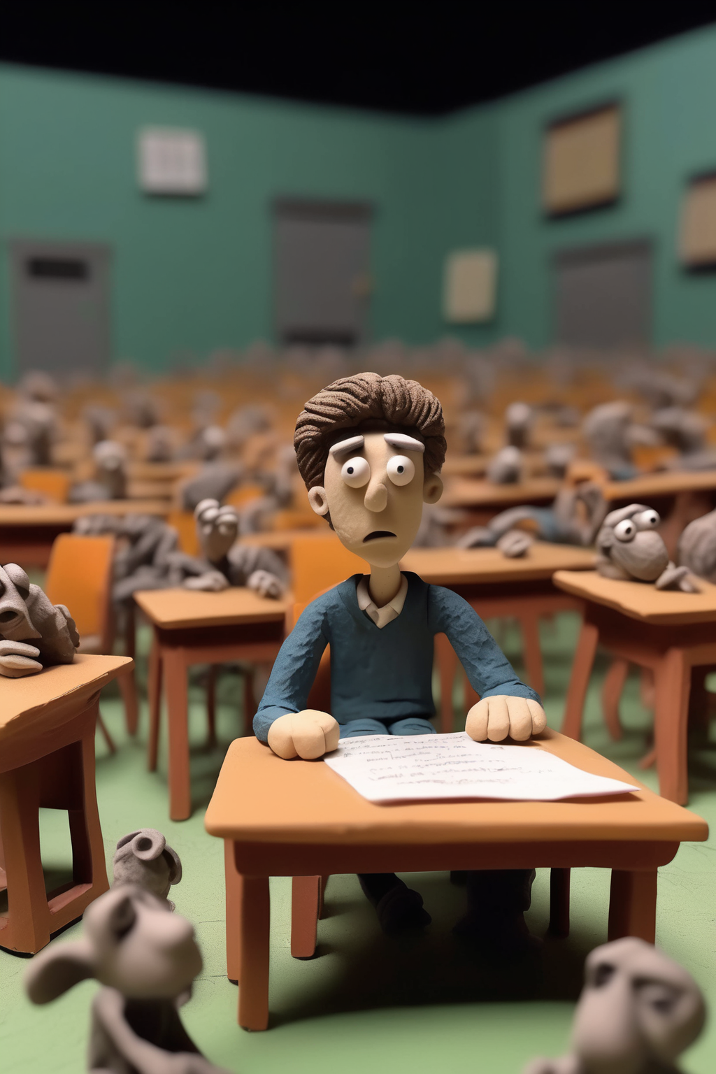 <lora:Stop-Motion Animation:1>Stop-Motion Animation - In this claymation or plasticine style artwork we find ourselves in a university lecture hall during a crucial final exam. The scene is characterized by an atmosphere of exhaustion and desperation. The focal point is a student who, burdened by the weight of the academic challenge, displays visible signs of weariness and distress. Visual Elements: Medium: Claymation - The artwork takes on the distinct aesthetic of claymation or plasticine style, but light and full of color, lending a tactile and textured quality to the scene. Setting: Lecture Hall - The backdrop consists of a traditional university lecture hall, complete with rows of desks and chairs. Lighting: The overall lighting in the scene is bright and colorful. Student Character: Desperation and Exhaustion - The student at the center of the artwork is visibly drained and disheveled. Their posture is slouched, with sagging shoulders and tired eyes that betray their mental and physical exhaustion. The character's face is etched with anxiety, highlighting the intensity of the final exam. Symbolic Props: textbooks and crumpled notes and pen and paper on the desks - Surrounding the student's desk are scattered remnants of study materials. Surrounding Students: Anxious camaraderie - The surrounding students in the lecture hall also bear signs of weariness and anxiety. Artistic References: Elements reminiscent of the stop-motion techniques employed by Aardman Animations, known for their iconic characters like Wallace and Gromit and Shaun the Sheep.