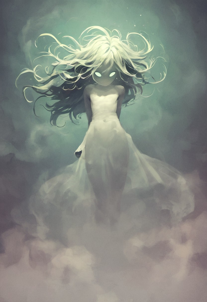 ncpy88 style, score_9, score_8_up, score_7_up, score_6_up, ghost boy, ghost, spirit, femboy, 1boy, androgynous, cute, sexy, creepy, white skin, translucent skin, translucent hair, fog hair, floating, floating hair, mysterious mist, ghost eyes, fog clothes, closeup, face focus