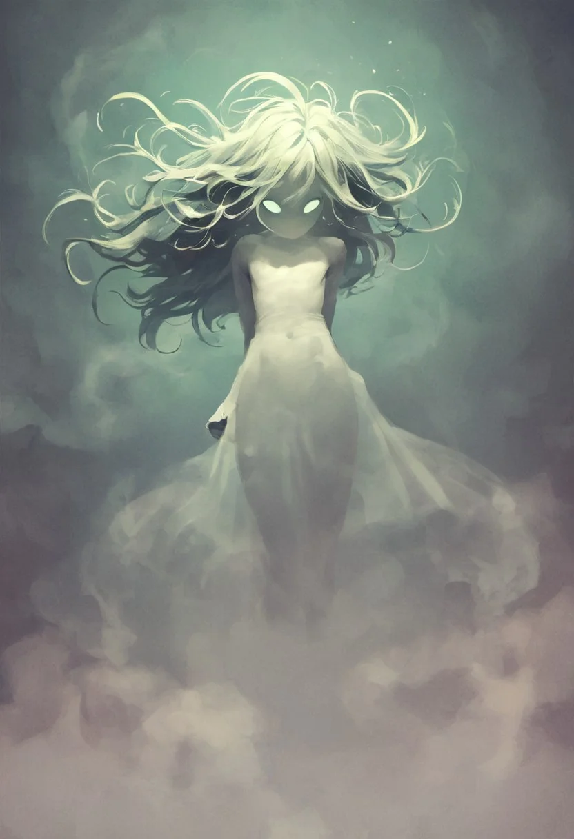 ncpy88 style, score_9, score_8_up, score_7_up, score_6_up, ghost boy, ghost, spirit, femboy, 1boy, androgynous, cute, sexy, creepy, white skin, translucent skin, translucent hair, fog hair, floating, floating hair, mysterious mist, ghost eyes, fog clothes, closeup, face focus