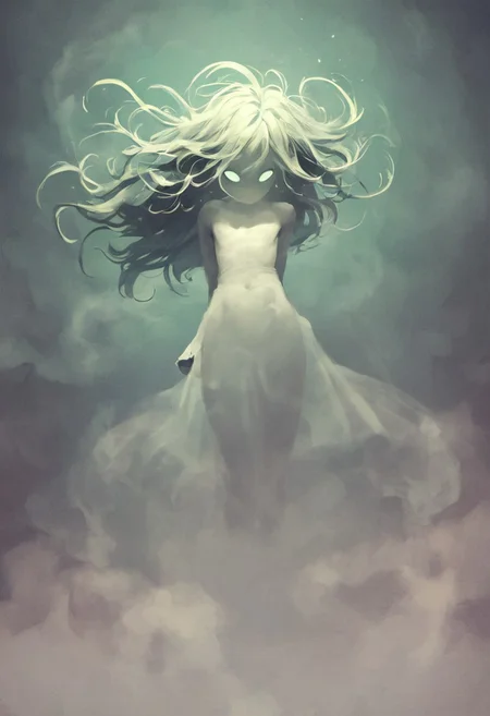 ncpy88 style, score_9, score_8_up, score_7_up, score_6_up, ghost boy, ghost, spirit, femboy, 1boy, androgynous, cute, sexy, creepy, white skin, translucent skin, translucent hair, fog hair, floating, floating hair, mysterious mist, ghost eyes, fog clothes, closeup, face focus