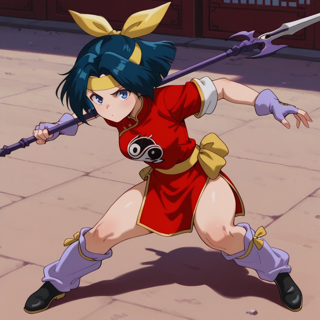 masterpiece, best quality, amazing quality, AzusakanIl, human, female, blue hair, blue eyes, outside, yellow headband, bow, red chinese dress, gold trim, yin yang, yellow sash belt,  purple gloves, fingerless gloves, black shoes, purple leg warmers, holding polearm, fighting stance