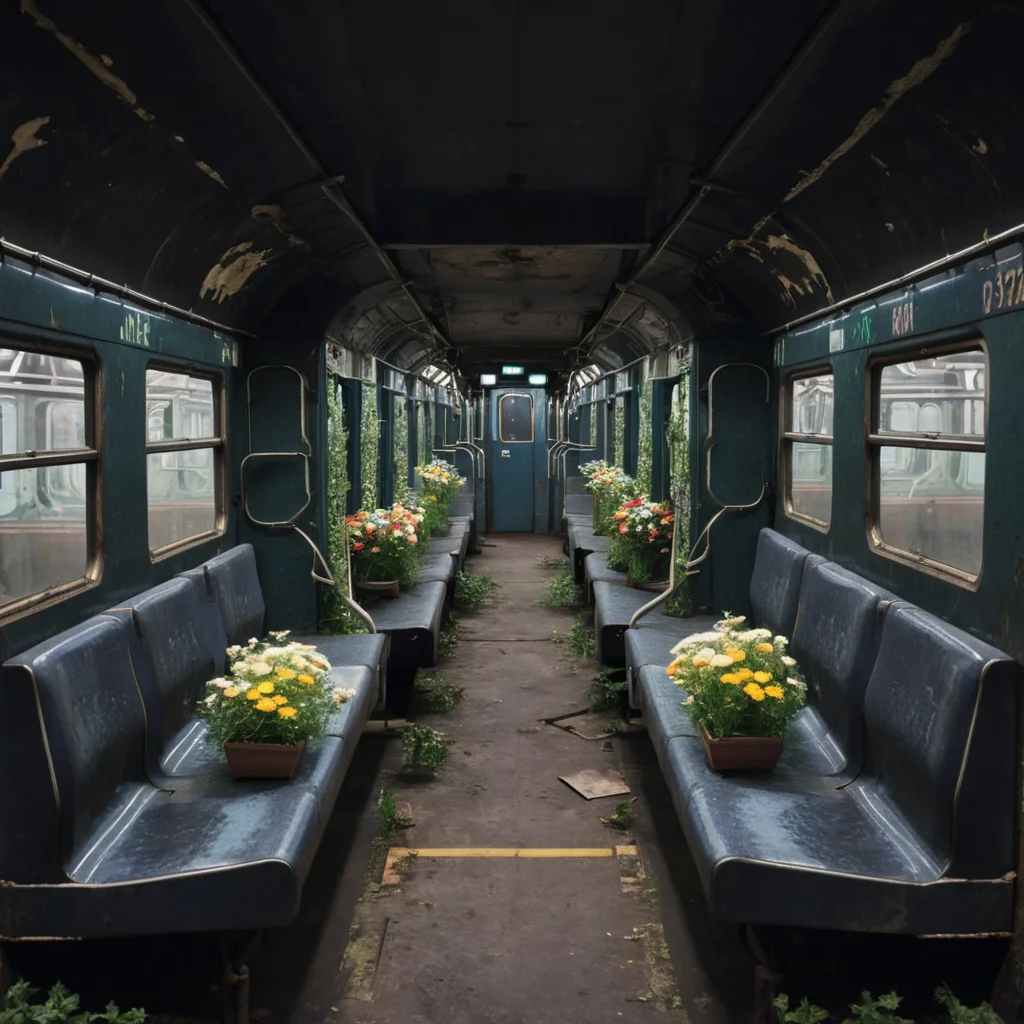 empty old abandoned dark metro train with potted flowers<lora:Metro:1>