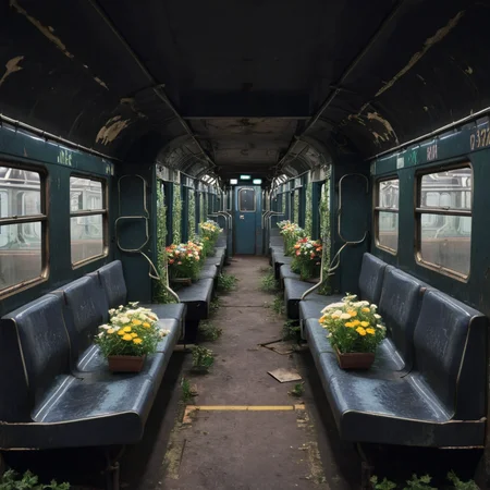 empty old abandoned dark metro train with potted flowers<lora:Metro:1>