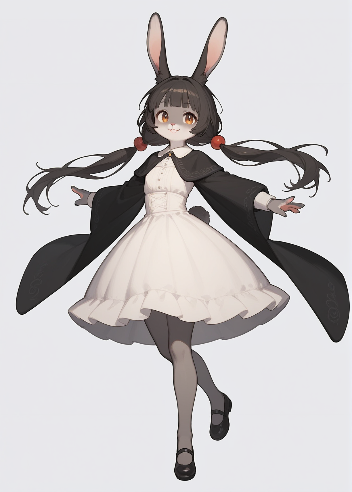 (score_9, score_8_up, score_7_up),
(furry female), (rabbit girl), blunt bangs, low twintails, puffy twintails, (long dress), white skirt, black shawl, grey pantyhose, black shoes,
dynamic pose, cowboy shot, light smile,
(simple background:1.5),
(uncensored),