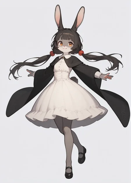 (score_9, score_8_up, score_7_up),
(furry female), (rabbit girl), blunt bangs, low twintails, puffy twintails, (long dress), white skirt, black shawl, grey pantyhose, black shoes,
dynamic pose, cowboy shot, light smile,
(simple background:1.5),
(uncensored),