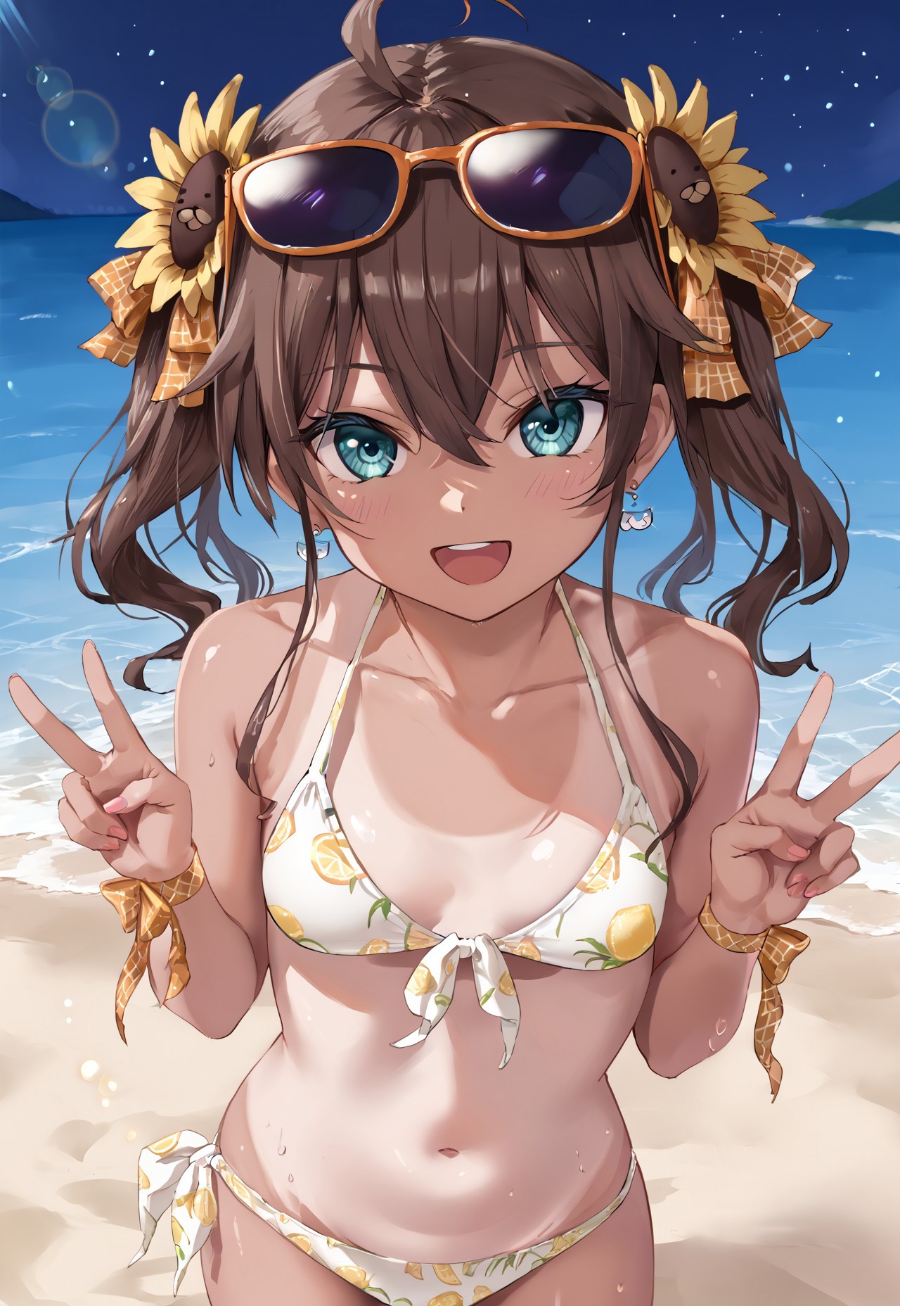 Summer2020, brown hair, ahoge, hair ornament, white bikini, swimsuit, small breasts, bangs, sunflower hair ornament, navel, sunglasses, eyewear on head, twintails, hair between eyes, one-piece tan, tanlines, front-tie bikini top, hair ribbon, earrings, collarbone, side-tie bikini bottom, bare shoulders, wrist ribbon, blue eyes, long hair, halterneck,

looking at viewer, open mouth, head tilt, smile, double v,

beach, ocean, dark, night, night sky, 

1girl, solo, solo focus, highres, absurdres, light particles, backlighting, shade, lens flare, shiny skin, fine fabric emphasis,