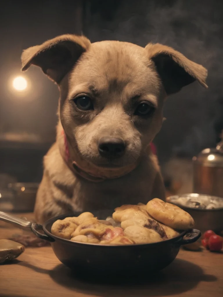 voodstyle, picture of a food cooking doggo,  deep shadows, perfect composition, warm light, atmospheric, <lora:- SDXL - voodstyle_ Voodoofy_V1.0:0.8>