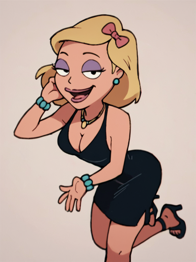becky, 1girl, blonde hair, solo, breasts, cleavage, black dress, earrings, makeup, hair bow, necklace, high heels, medium breasts, open mouth, smile, bracelet, lipstick,looking at viewer, smile, naughty face,club  score_9, score_8_up, score_7_up, score_6_up <lora:BeckyPony1.0:0.8>